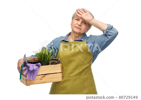 tired senior woman with garden tools in box tired senior woman with garden tools in box 80729149
