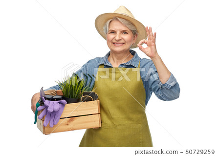 old woman with garden tools in box showing ok old woman with garden tools in box showing ok 80729259