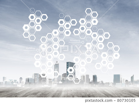 Natural background with modern cityscape wooden floor and media interface 80730105
