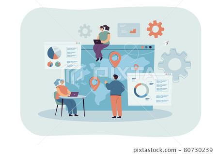 Tiny people with laptops doing global business research Tiny people with laptops doing global business research 80730239