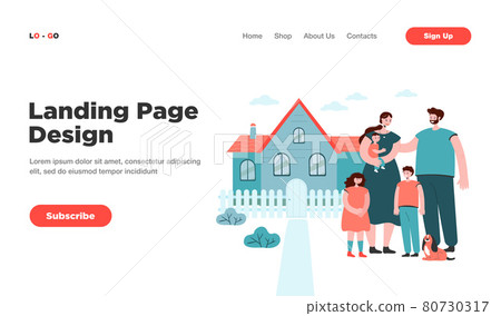 Happy family standing in front of new house 80730317