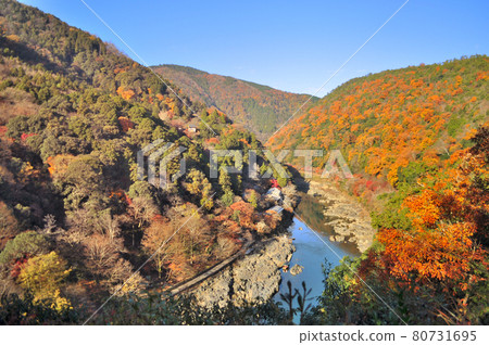 Hozu Gorge, river boat ride and autumn leaves seen from Kyoto Prefecture Arashiyama Park Observatory Hozu Gorge, river boat ride and autumn leaves seen from Kyoto Prefecture Arashiyama Park Observatory 80731695