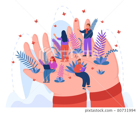 Tiny employees sitting and standing on huge hands Tiny employees sitting and standing on huge hands 80731994