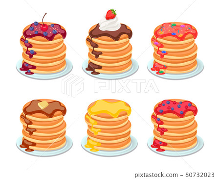 Set of tasty pancakes with different toppings 80732023