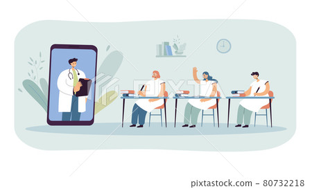 Doctor teaching students through huge phone 80732218