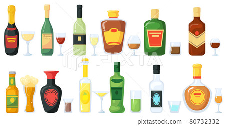 Bottles of alcoholic drinks with glasses vector illustration set 80732332