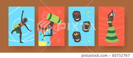 Set of contemporary art posters with African folk dancers 80732767
