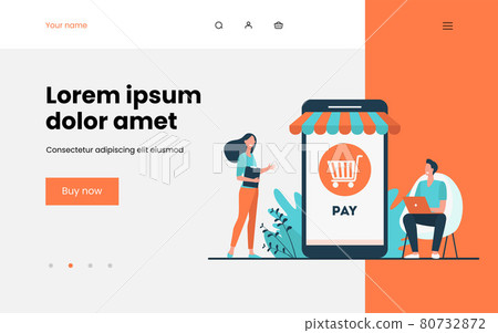 Joyful tiny customers paying in online store 80732872