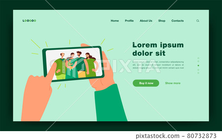 Human hands holding smartphone with family selfie Human hands holding smartphone with family selfie 80732873