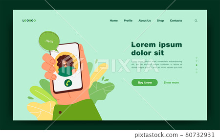Happy woman greeting from mobile phone screen in hand Happy woman greeting from mobile phone screen in hand 80732931