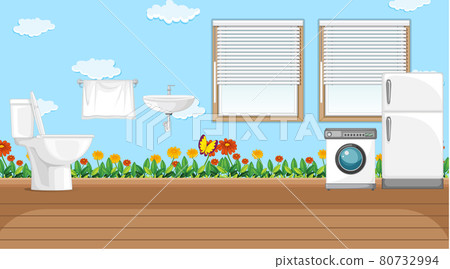 Scene with washing machine and refrigerator in the toilet Scene with washing machine and refrigerator in the toilet 80732994