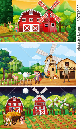 Different farm scenes with old farmer and animal cartoon character 80733003