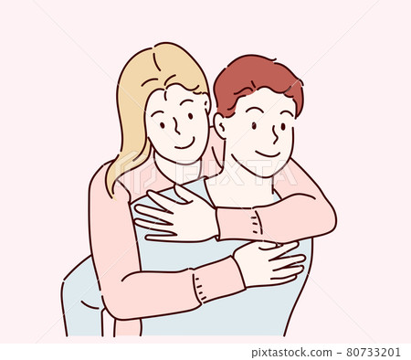 Happy young couple in love. Hand drawn in thin... - Stock Illustration ...