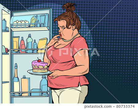 Fat woman at the open refrigerator with food, obesity and excess weight 80733374