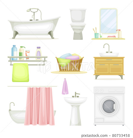 Bathroom or Washroom with Bathtub, Wash Basin and Mirror with Objects for Personal Hygiene Vector Set 80733458