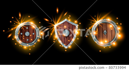 Medieval game shield icon set, fantasy wooden knight armor kit, magic RPG warrior inventory 80733994