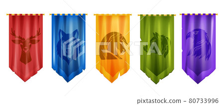 Medieval flag game vector icon set, battle royal pennant kit, knight old banner, wolf, deer, horse Medieval flag game vector icon set, battle royal pennant kit, knight old banner, wolf, deer, horse 80733996