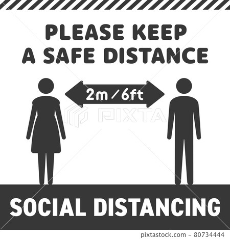 Social distancing pictogram and text (English version): Man and woman icons 2m 6ft apart Social distancing pictogram and text (English version): Man and woman icons 2m 6ft apart 80734444