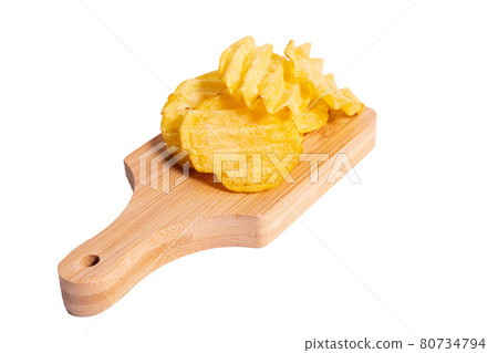 Corrugated potato chips close-up isolated on a white background Corrugated potato chips close-up isolated on a white background 80734794