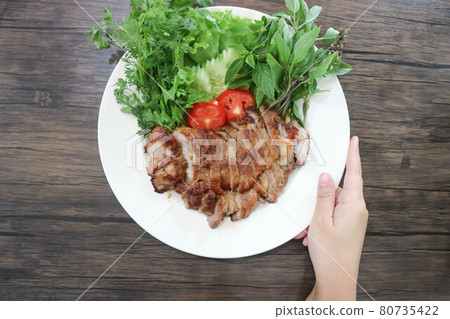 grilled pork , pork steak and beef steak 80735422