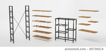 Empty wooden shelves and metal bases for manufacture racks isolated on white background, angle view. Interior design element in loft style, bookshelf mockup, home ledges furniture, 3d illustration Empty wooden shelves and metal bases for manufacture racks isolated on white background, angle view. Interior design element in loft style, bookshelf mockup, home ledges furniture, 3d illustration 80736014