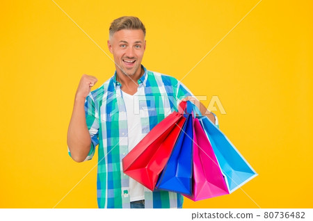 Quality service. male shopper with packages. prepare Quality service. male shopper with packages. prepare 80736482
