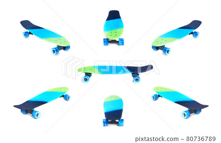 Set of rainbow plastic Penny board skateboard isolated on white 80736789