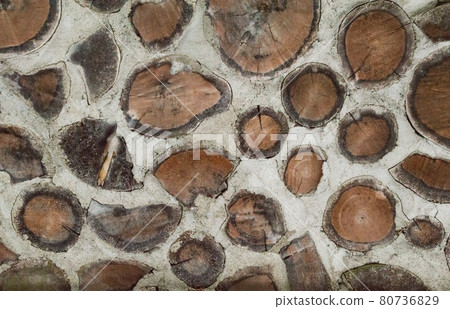 Antique Rustic Cordwood Log Cabin House Wall Background Antique Rustic Cordwood Log Cabin House Wall Background 80736829