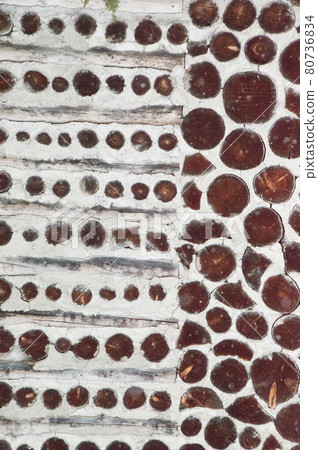 Antique Rustic Cordwood Log Cabin House Wall Background Antique Rustic Cordwood Log Cabin House Wall Background 80736834