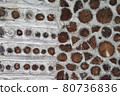 Antique Rustic Cordwood Log Cabin House Wall Background Antique Rustic Cordwood Log Cabin House Wall Background 80736836