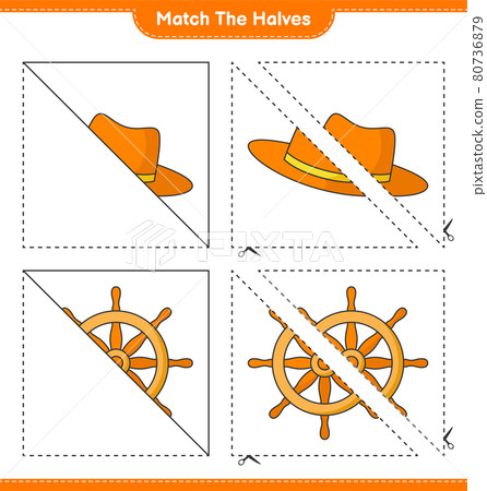Match the halves. Match halves of Ship Steering Wheel and Summer Hat. Educational children game, printable worksheet, vector illustration Match the halves. Match halves of Ship Steering Wheel and Summer Hat. Educational children game, printable worksheet, vector illustration 80736879