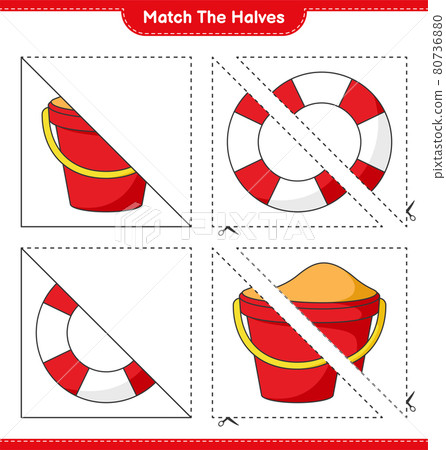 Match the halves. Match halves of Sand Bucket and Lifebuoy. Educational children game, printable worksheet, vector illustration Match the halves. Match halves of Sand Bucket and Lifebuoy. Educational children game, printable worksheet, vector illustration 80736880