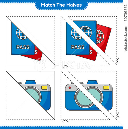 Match the halves. Match halves of Passport and Camera. Educational children game, printable worksheet, vector illustration Match the halves. Match halves of Passport and Camera. Educational children game, printable worksheet, vector illustration 80736881