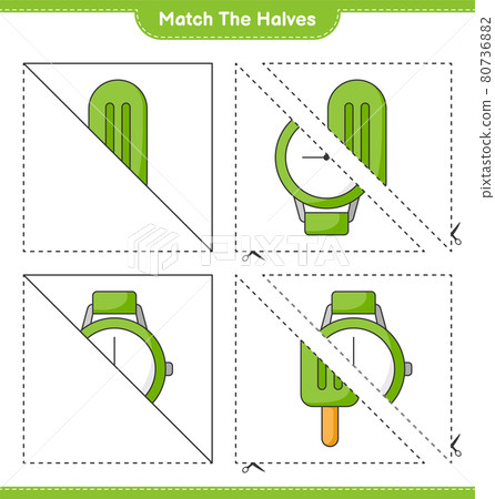 Match the halves. Match halves of Ice Cream and Watches. Educational children game, printable worksheet, vector illustration Match the halves. Match halves of Ice Cream and Watches. Educational children game, printable worksheet, vector illustration 80736882