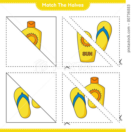 Match the halves. Match halves of Sunscreen and Flip Flop. Educational children game, printable worksheet, vector illustration Match the halves. Match halves of Sunscreen and Flip Flop. Educational children game, printable worksheet, vector illustration 80736883