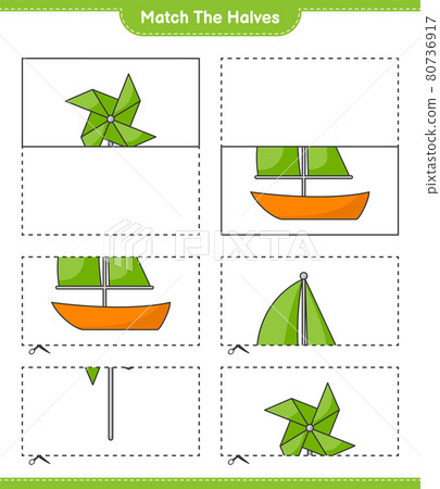 Match the halves. Match halves of Sailboat and Pinwheels. Educational children game, printable worksheet, vector illustration 80736917