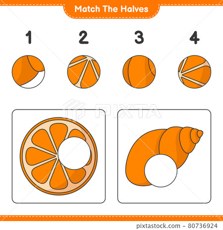 Match the halves. Match halves of Orange and Sea Shells. Educational children game, printable worksheet, vector illustration 80736924