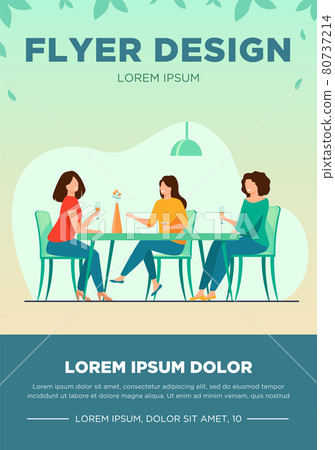 Three female friends sitting in cafe at lunch and talking Three female friends sitting in cafe at lunch and talking 80737214