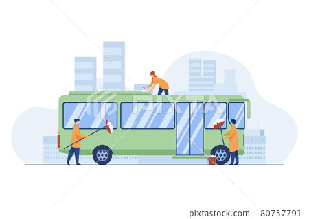 Workers cleaning and washing bus Workers cleaning and washing bus 80737791