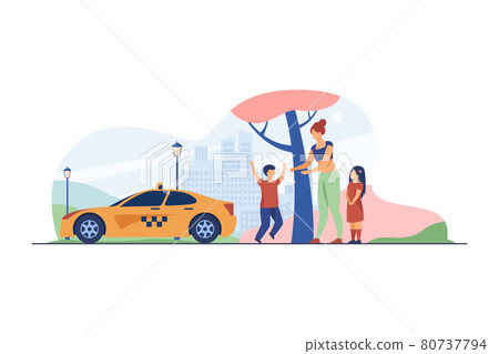 Woman with children catching taxi Woman with children catching taxi 80737794