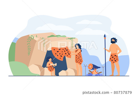 Prehistoric family couple and kid wearing leopard hides 80737879