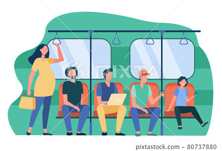 Pregnant woman standing by impolite subway train passengers 80737880