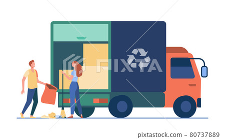 People loading garbage into truck 80737889