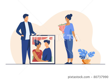 Happy man giving portrait of couple to his girlfriend Happy man giving portrait of couple to his girlfriend 80737990