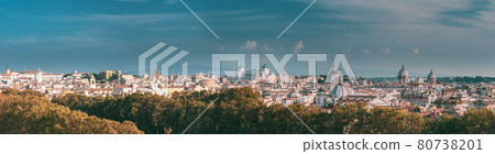 Rome, Italy. Cityscape Skyline With Famous Pantheon, Churches As Sant'agnese, Santa Maria Della Pace, St. Salvatore At The Laurels And Vittorio Emanuele II Monument Or Altar Of Fatherland. Panorama Rome, Italy. Cityscape Skyline With Famous Pantheon, Churches As Sant'agnese, Santa Maria Della Pace, St. Salvatore At The Laurels And Vittorio Emanuele II Monument Or Altar Of Fatherland. Panorama 80738201