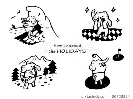 How to spend the holidays | Vector illustrations of elephant characters enjoying surfing, dancing, mountain climbing, and golf How to spend the holidays | Vector illustrations of elephant characters enjoying surfing, dancing, mountain climbing, and golf 80738294
