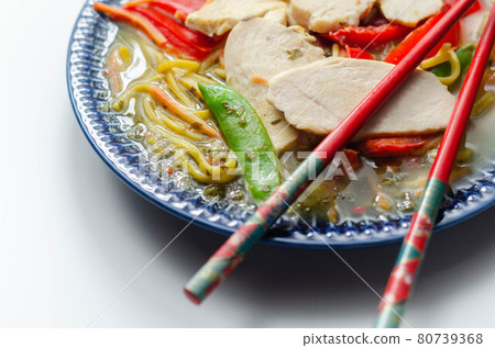 Chicken broth with ginger and black fungus mushrooms, high protein wheat noodles, sliced steamed chicken breast, julienne carrots, red peppers, and sugar snap peas 80739368