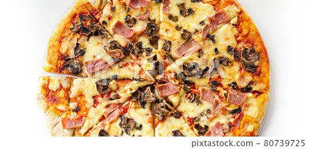 Freshly baked large pizza with ham, mushrooms and mozzarella on a traditional dough 80739725