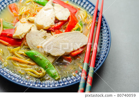 Chicken broth with ginger and black fungus mushrooms, high protein wheat noodles, sliced steamed chicken breast, julienne carrots, red peppers, and sugar snap peas 80740059