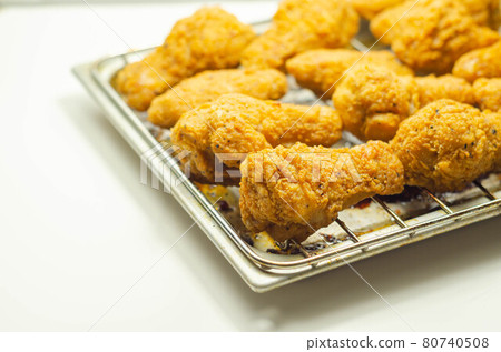 Southern crispy battered fried chicken wings, deep-fried chicken wings on the metal tray 80740508